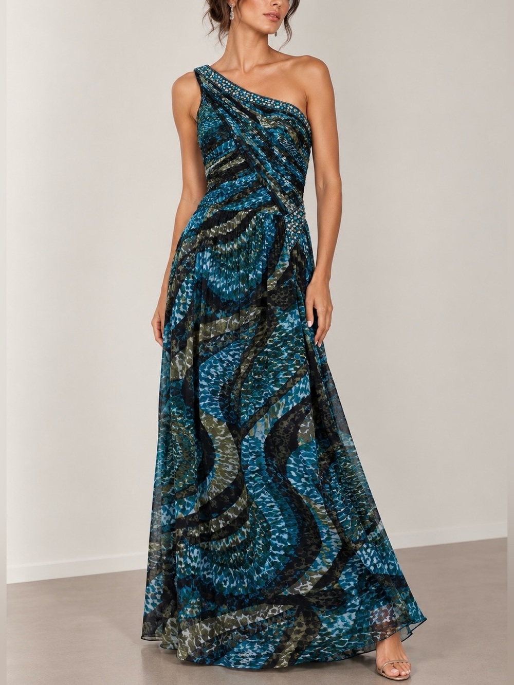 Laundry by Shelli Segal 100% Silk Beaded One Shoulder Gown Blue Green Y2K Fairy
